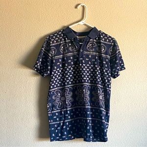 (Like New) Navy Blue Paisley Collared Button Up Shirt